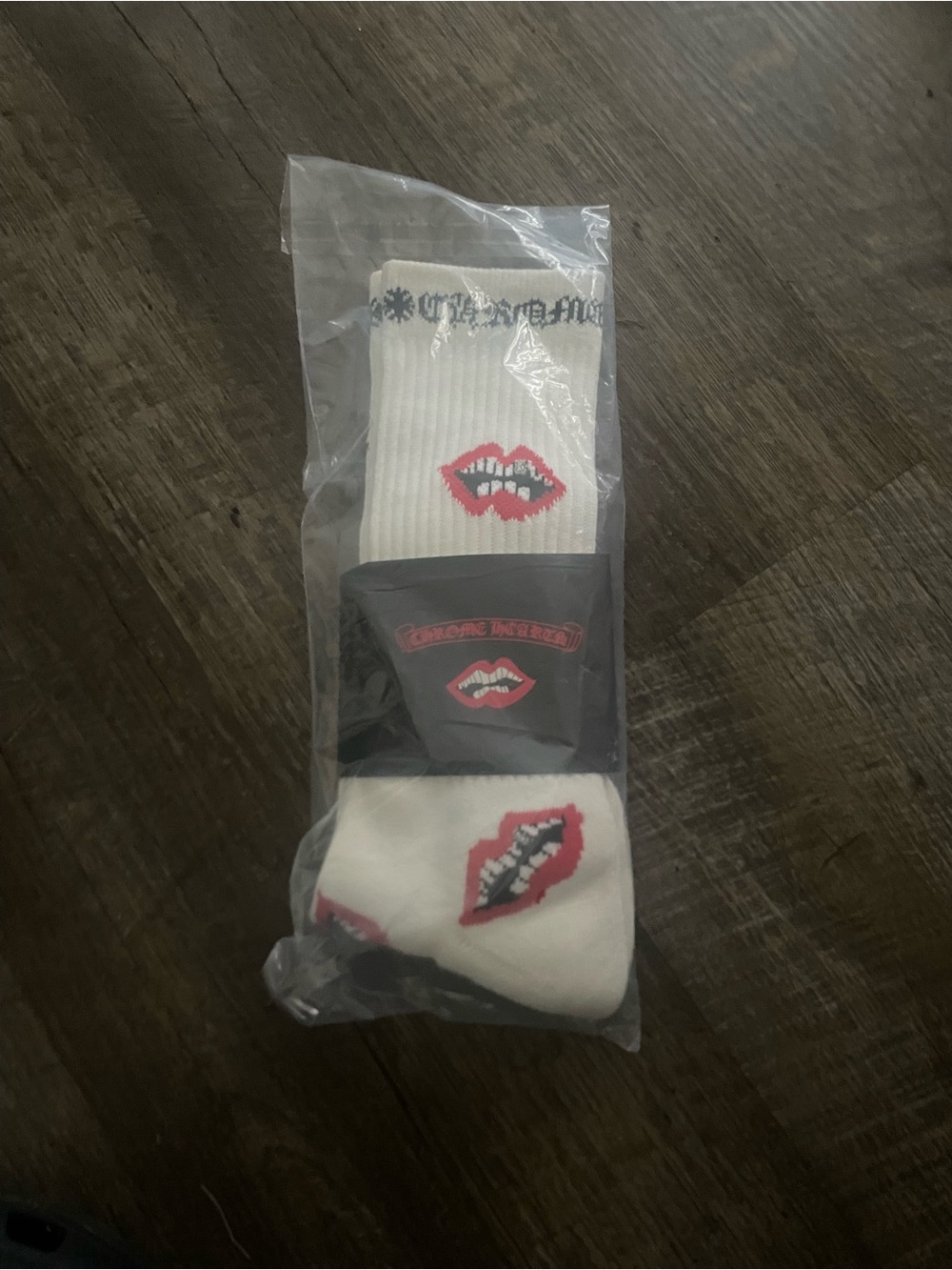 Chrome Hearts White Crew Socks with Red Lip Graphic